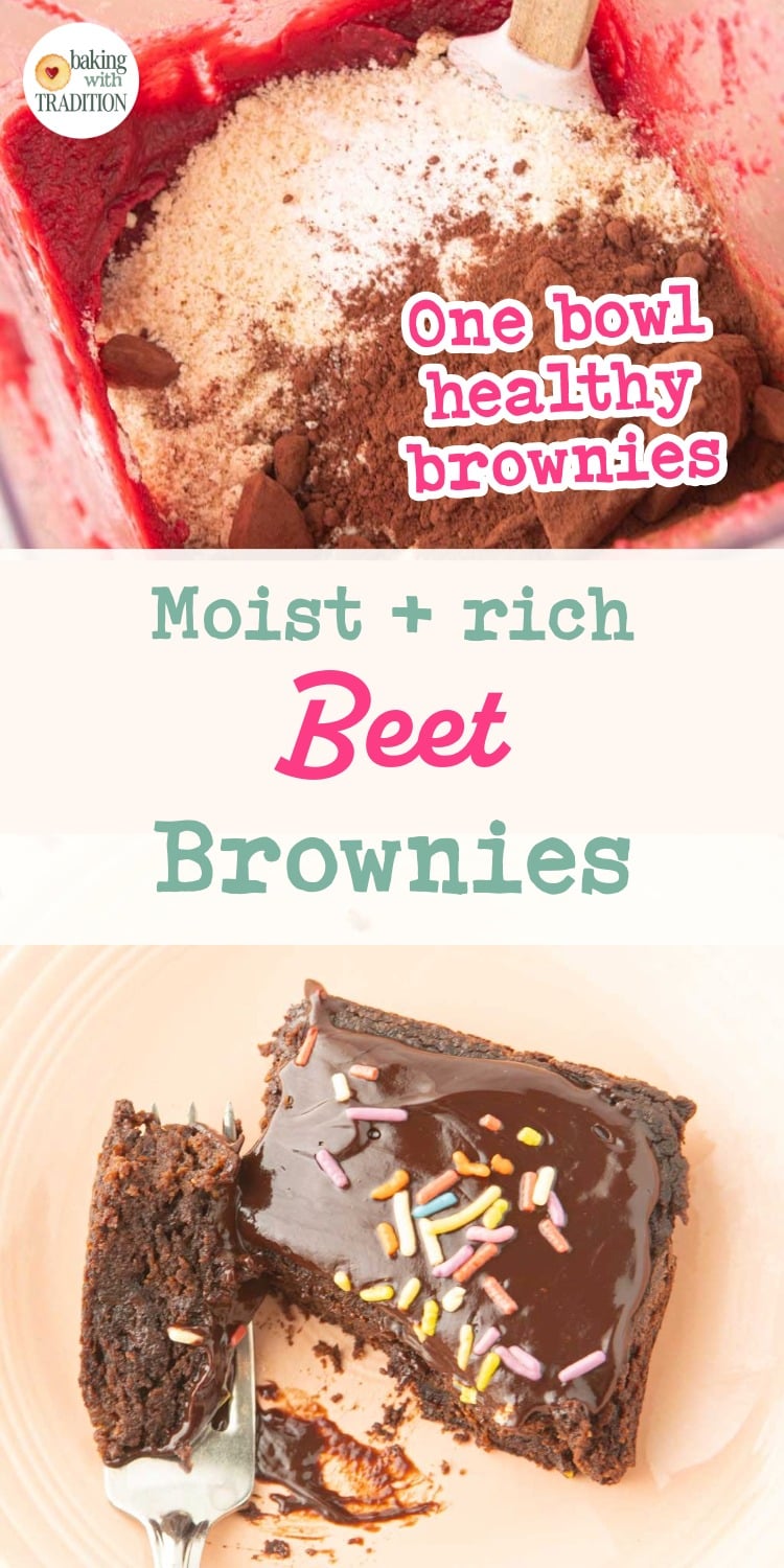 beet brownie on plate, beet brownie ingredients in blender, text overlay