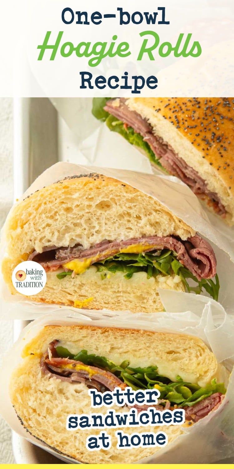 cross section of hoagie buns made into sandwiches, text overlay