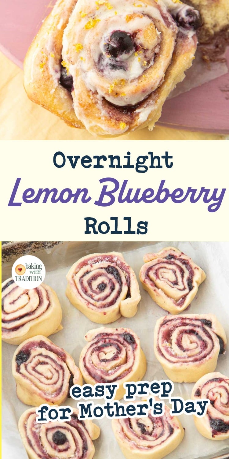 closeup of lemon blueberry roll, lemon blueberry rolls before baking, text overlay
