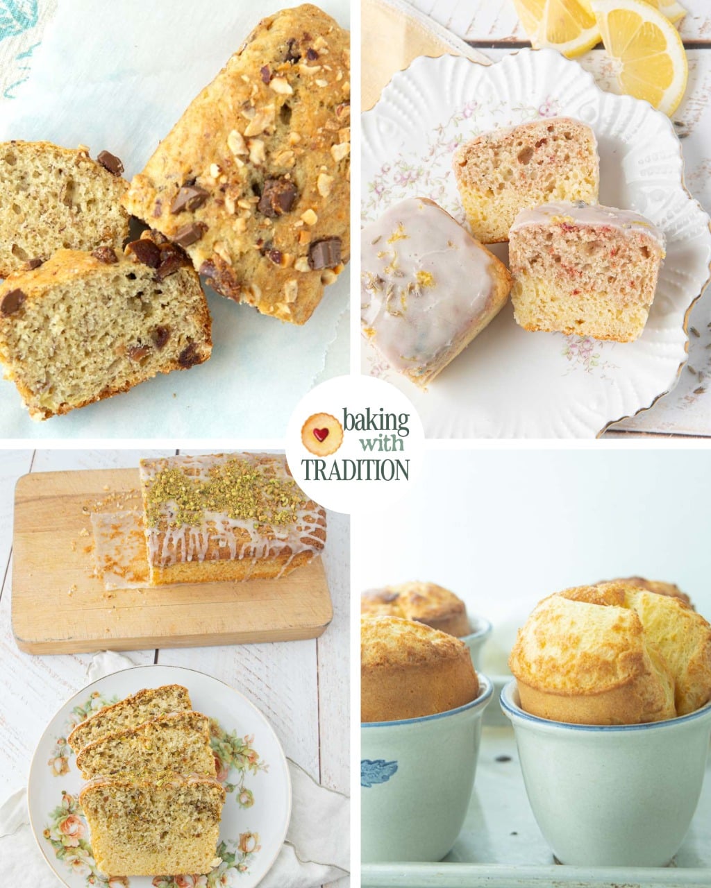banana bread, lemon lavender bread, lemon pistachio bread, popovers