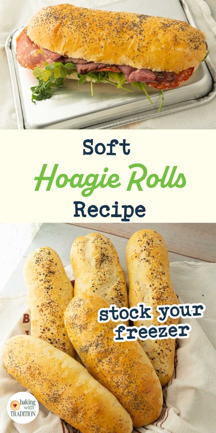 hoagie roll made into deli sandwich, basket of hoagie buns, text overlay