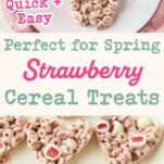 strawberry cereal treats on plates, text overlay