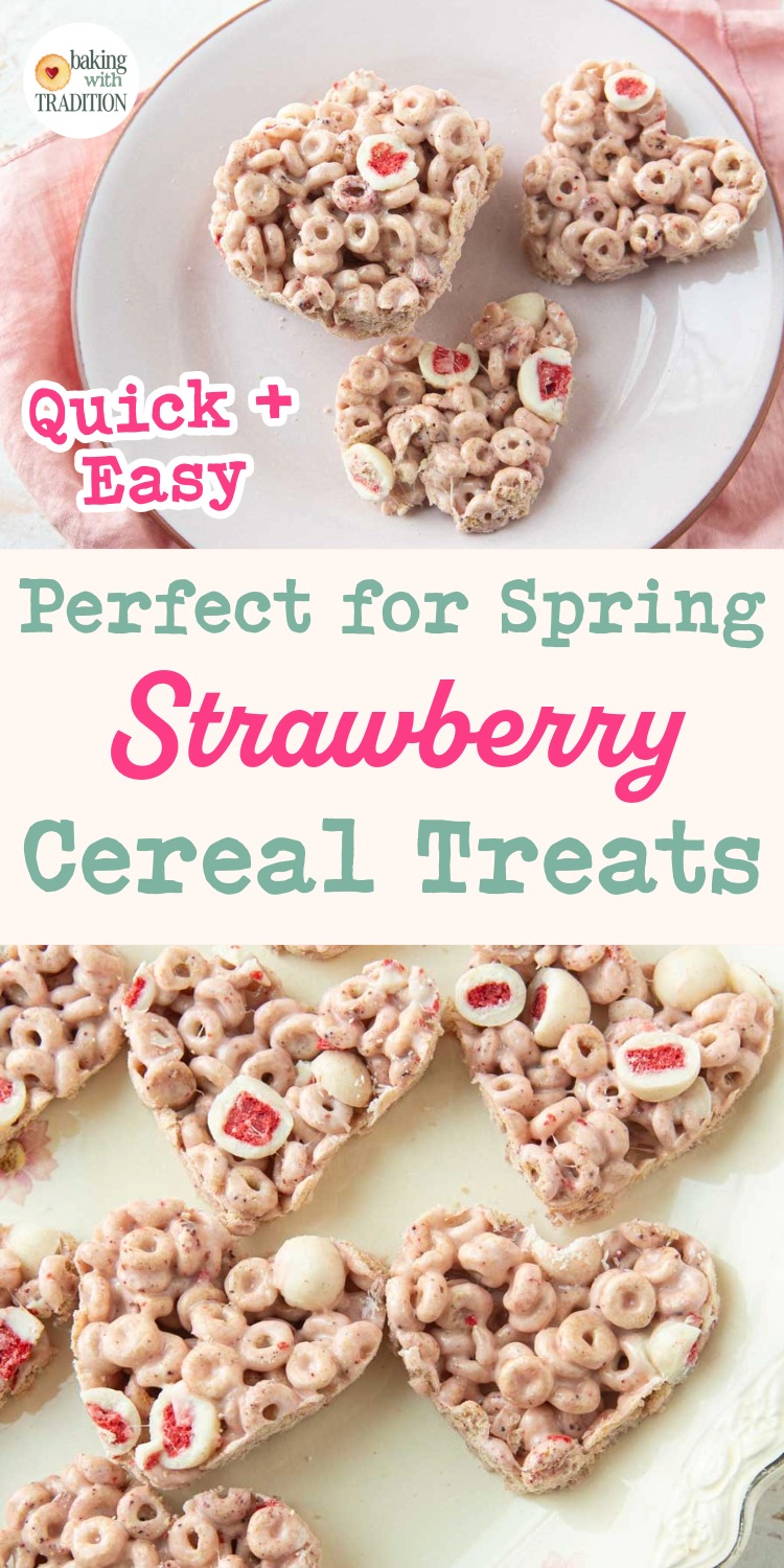 strawberry cereal treats on plates, text overlay