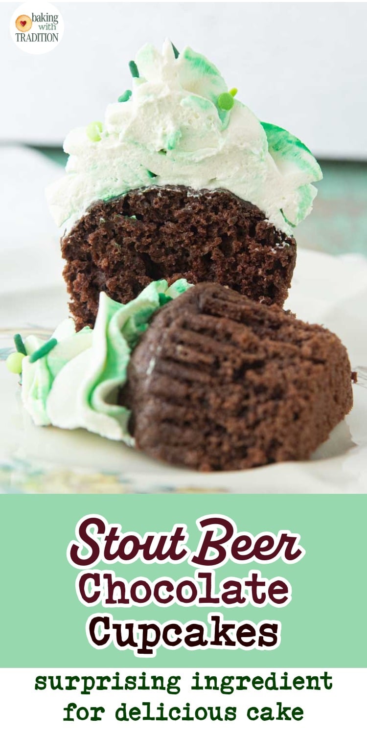 cross section of guinness chocolate cupcake on plate, text overlay