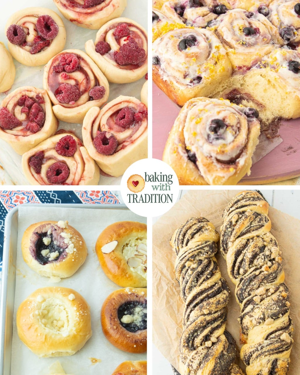 raspberry rolls, blueberry rolls, kolache, and poppy seed babka
