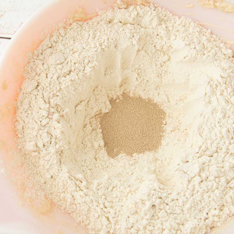 well of flour in a bowl with yeast in the well