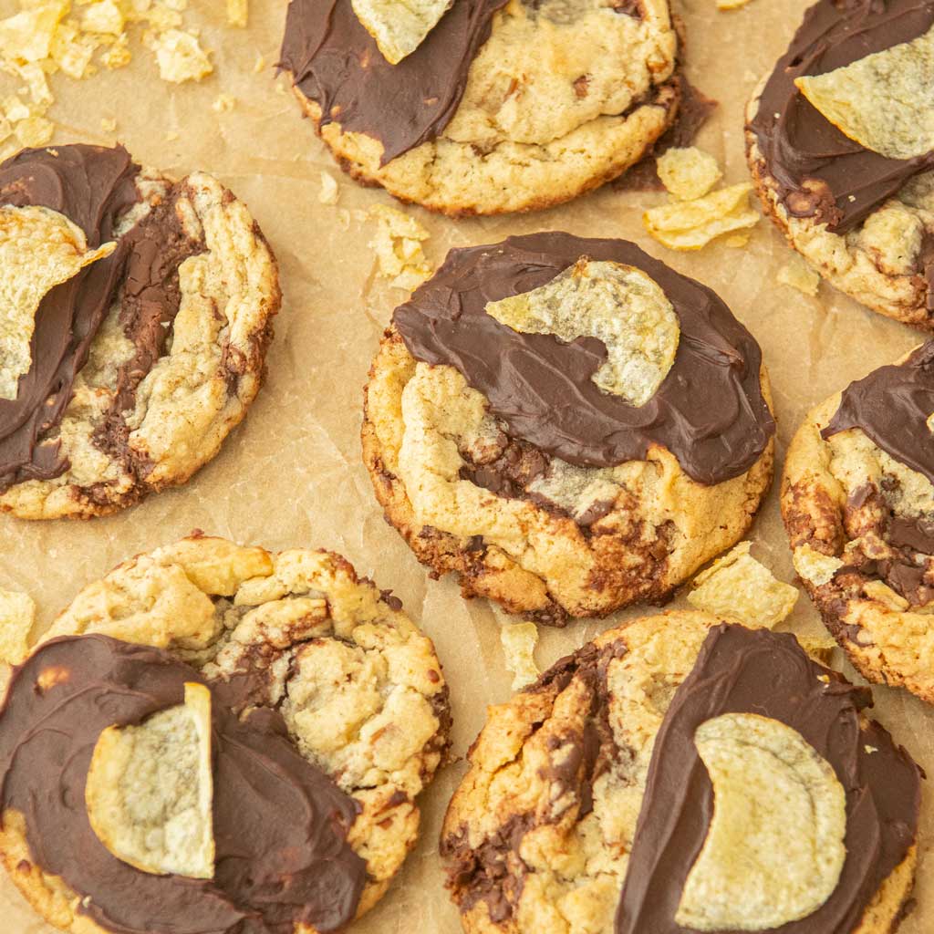 closeup of chocolate chip potato chip cookies and potato chip crumbs