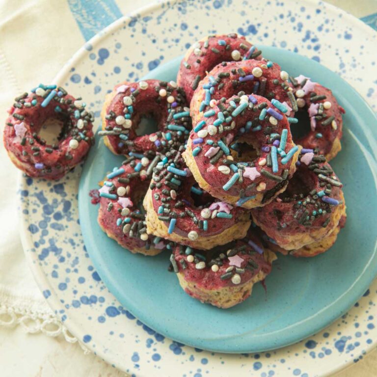 stack of mini blueberry donuts on plate