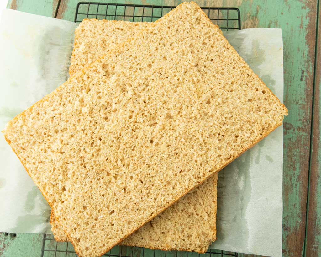loaf of sheet pan bread, cut to expose texture