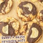 closeup of chocolate chip potato chip cookies and potato chip crumbs, text overlay