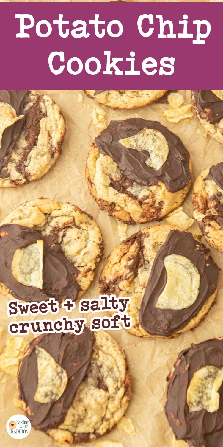 closeup of chocolate chip potato chip cookies and potato chip crumbs, text overlay