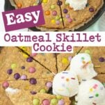 oatmeal skillet cookie and ice cream scoops with slice of cookie on pie server, closeup and wide shot, text overlay