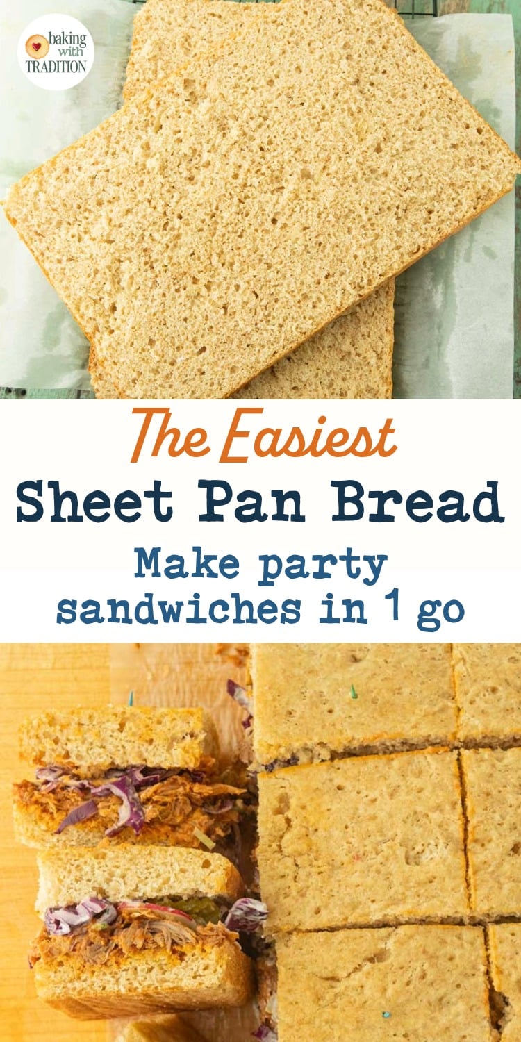 loaf of sheet pan bread, cut to expose texture, pulled pork sandwiches made with sheet pan bread, cut on board, text overlay