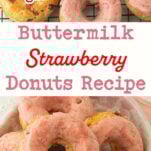 strawberry glazed donuts on wire rack, top shot, top shot of stack of strawberry donuts in plate on pink napkin, text overlay