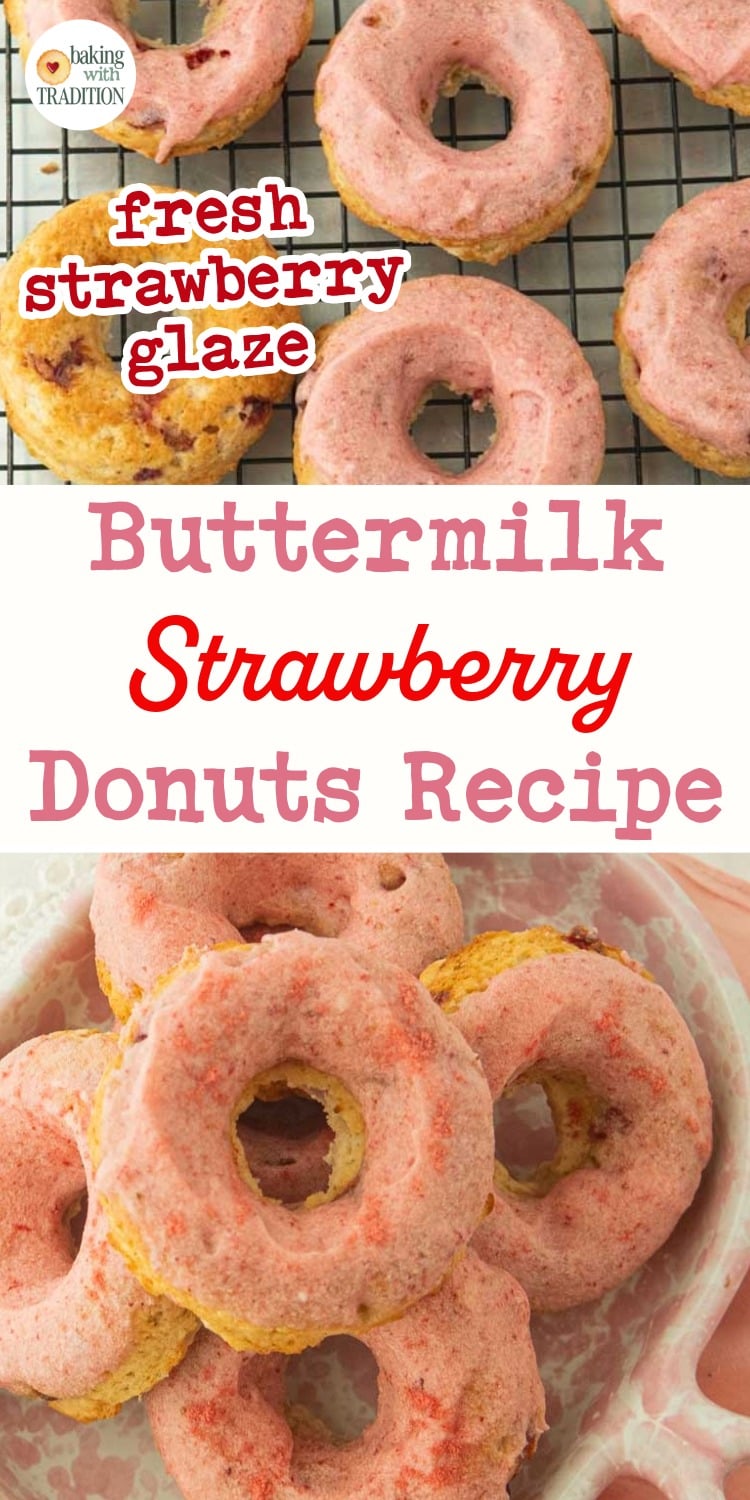 strawberry glazed donuts on wire rack, top shot, top shot of stack of strawberry donuts in plate on pink napkin, text overlay