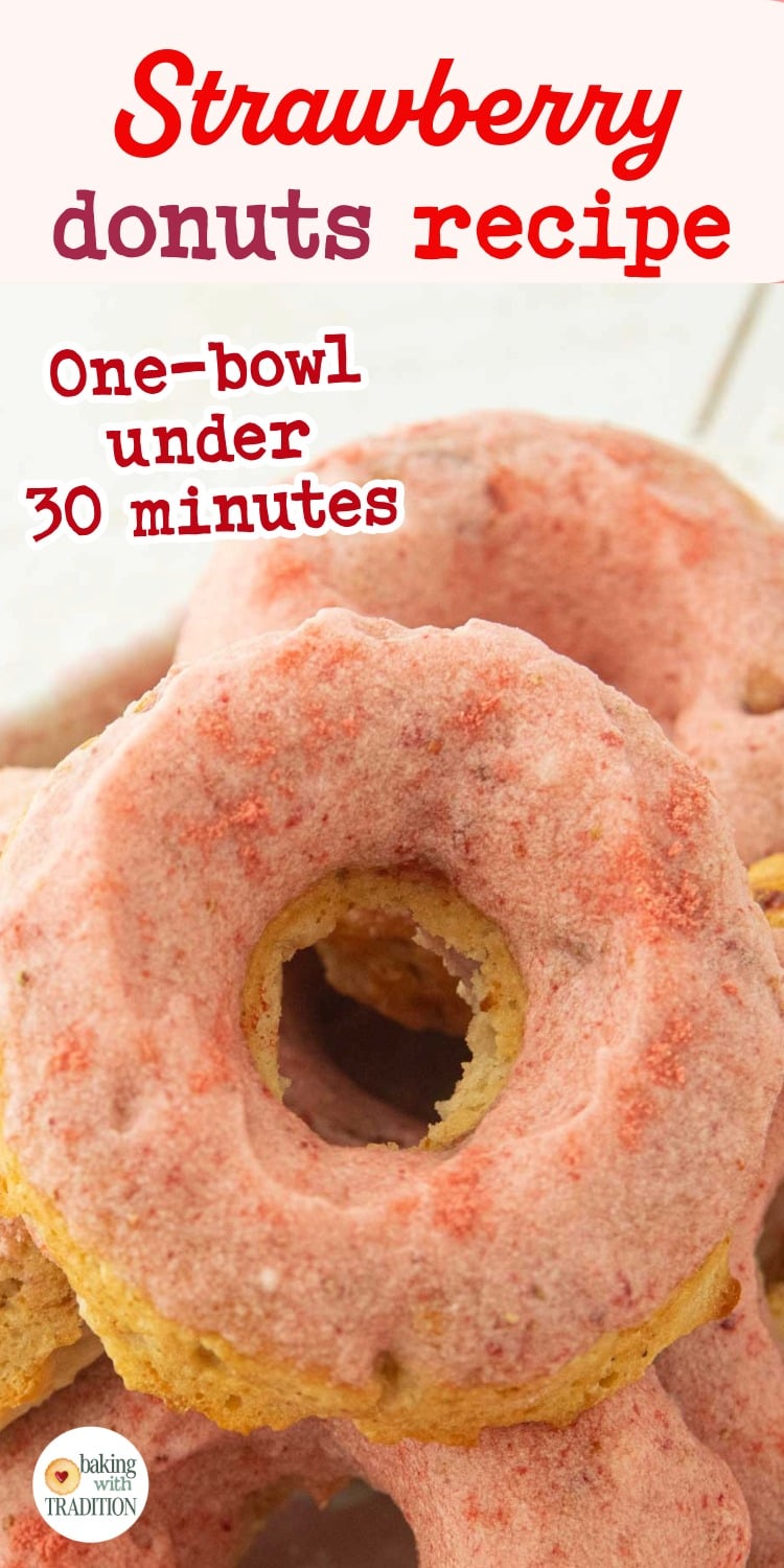 closeup of strawberry donuts, text overlay
