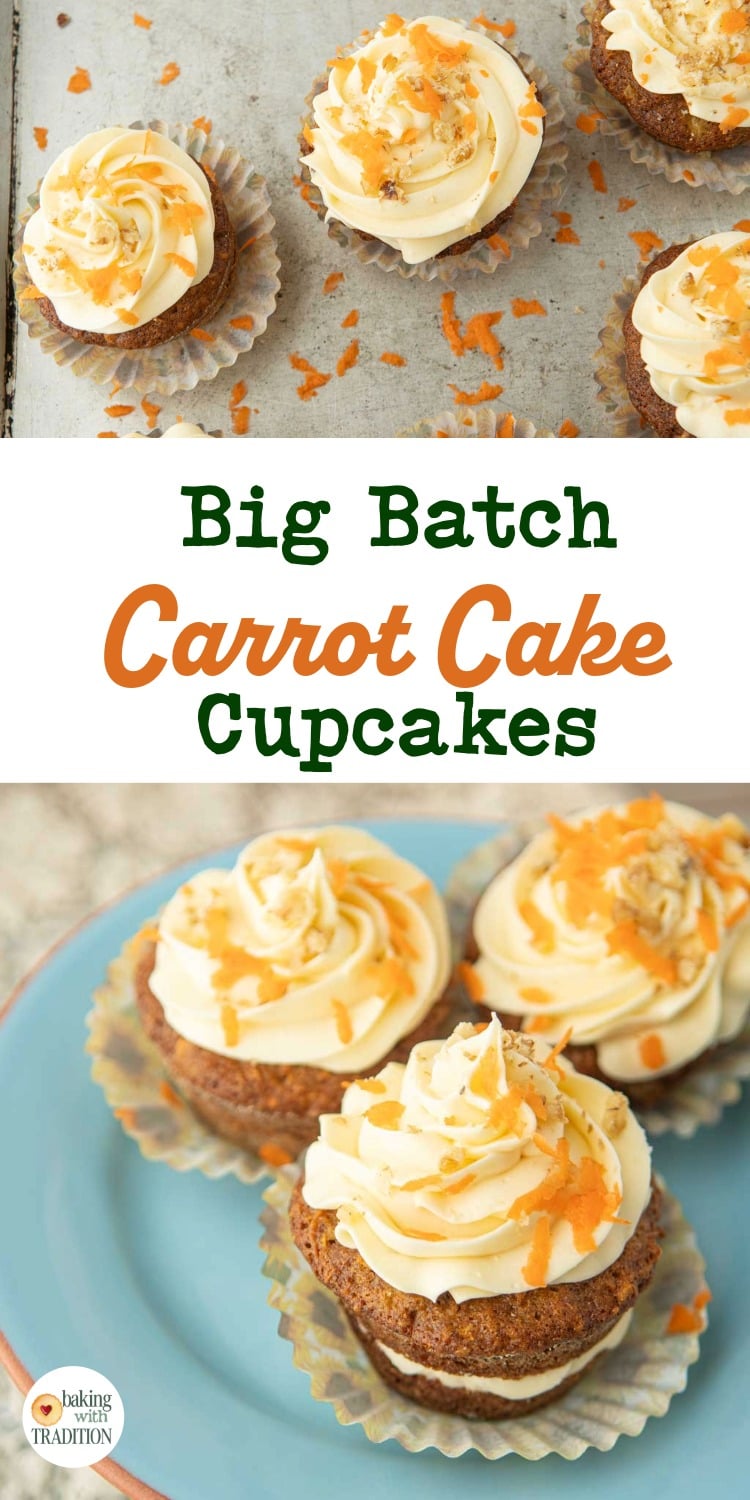 carrot cake cupcakes sprinkled with nuts and carrot shreds, carrot cake cupcakes on plate, text overlay