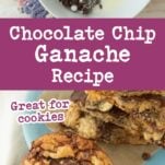 cookie covered with ganache and potato chip, cream poured over chocolate chips, text overlay