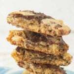 stack of potato chip cookie halves showing cross-section of inside texture, text overlay
