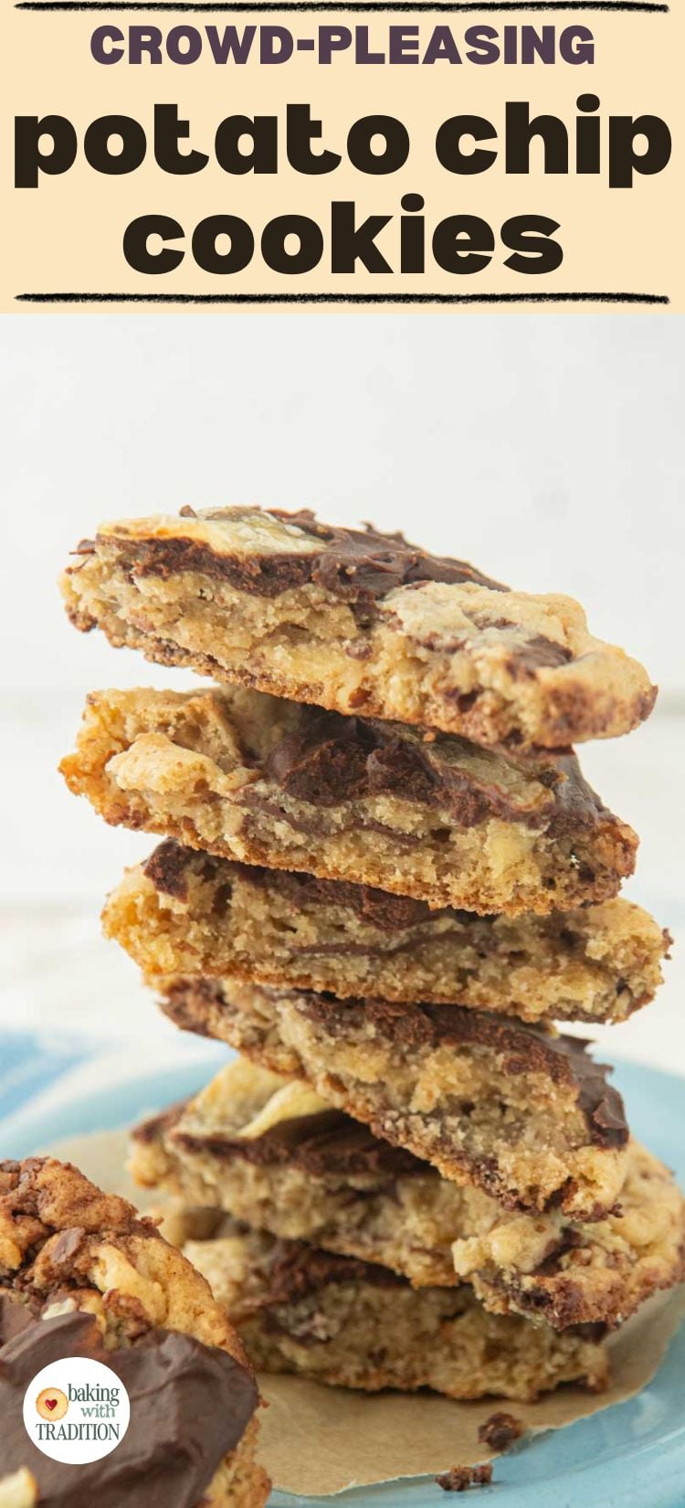 stack of potato chip cookie halves showing cross-section of inside texture, text overlay