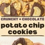 potato chip cookies on paper, hand holding potato chip cookie, text overlay