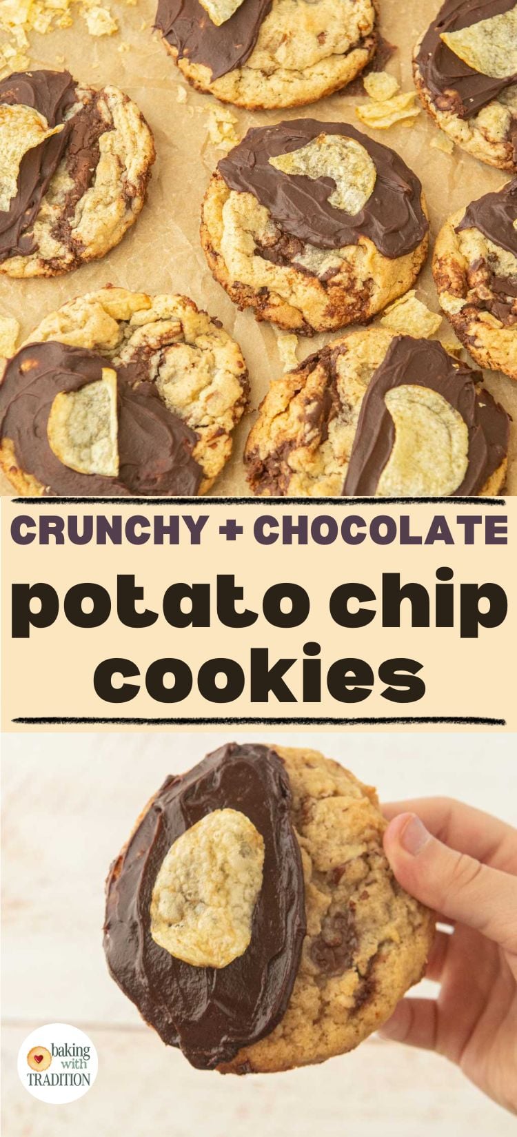 potato chip cookies on paper, hand holding potato chip cookie, text overlay