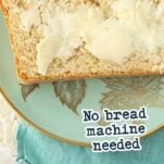 slice of English muffin bread with butter on it, text overlay