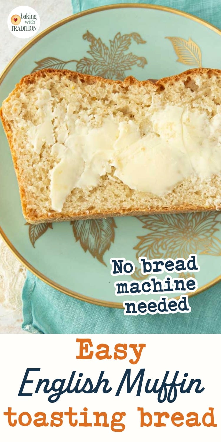 slice of English muffin bread with butter on it, text overlay