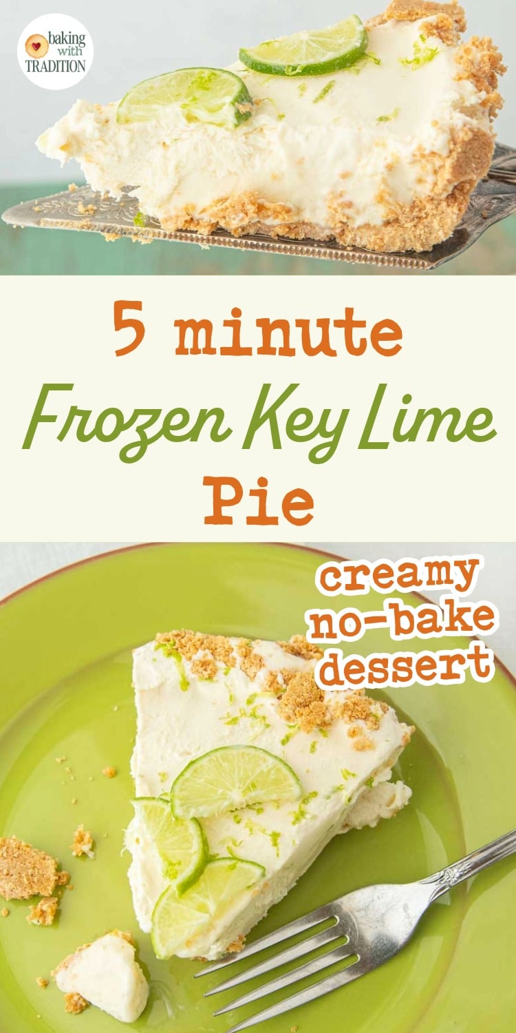 key lime pie piece on pie server, top view of frozen key lime pie on plate with fork, text overlay