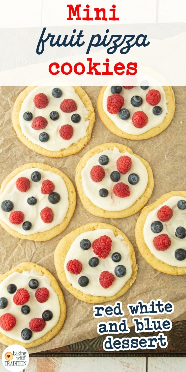 top view of fruit pizza cookies topped with berries, text overlay