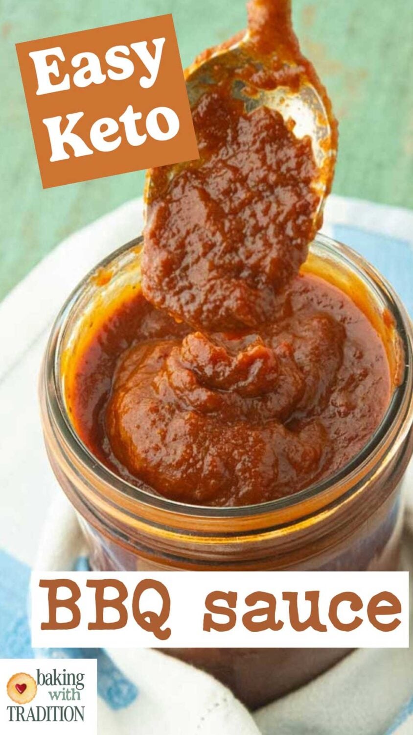 spoon with bbq sauce falling into jar, text overlay