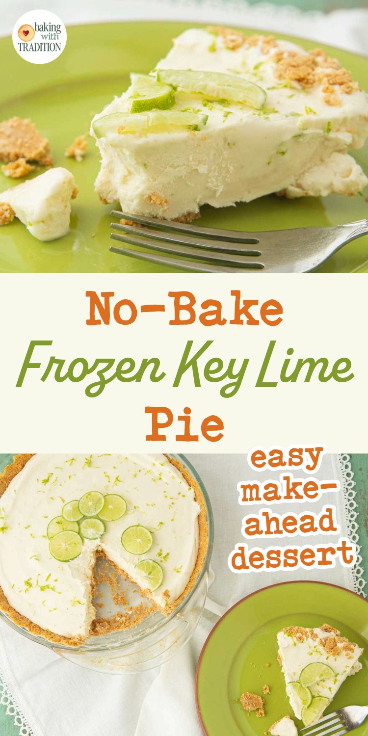 side view of frozen key lime pie on plate with fork, whole frozen key lime pie and pie piece out of whole pie on green plate, text overlay