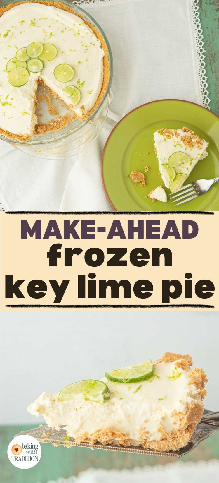 whole key lime pie with slice cut out of it, slice of key lime pie on plate, key lime pie on pie server from side view, text overlay