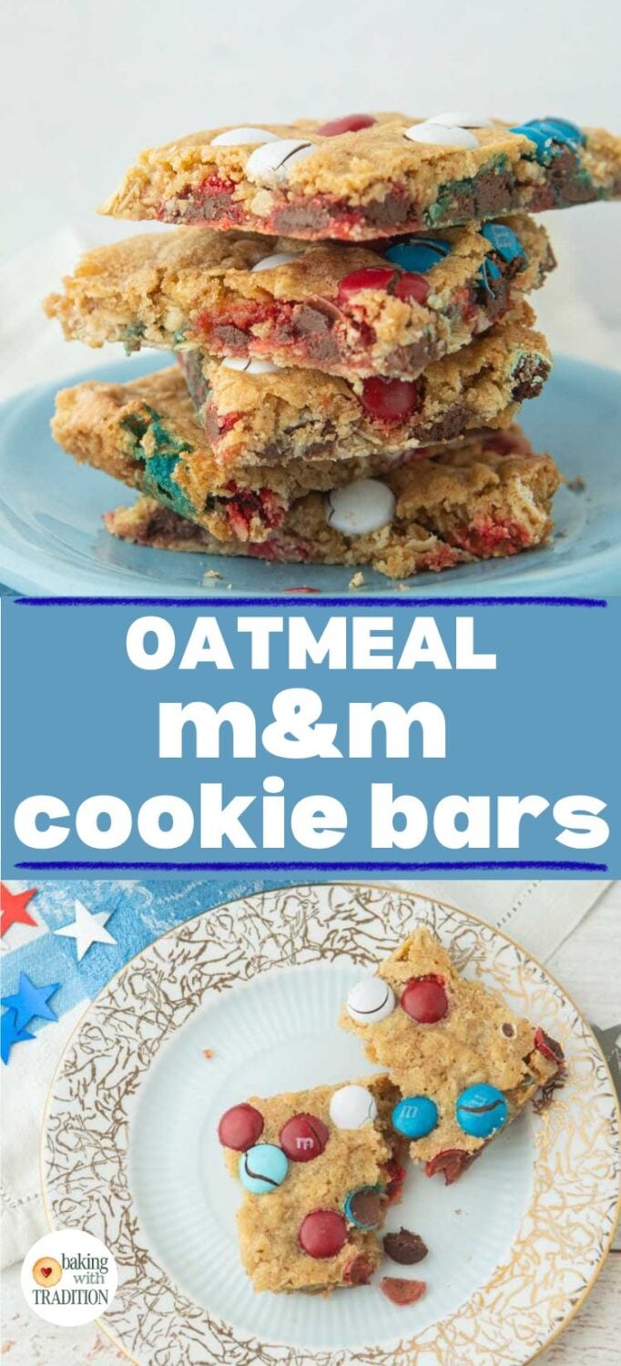 side closeup of m&m cookie bars on plate, M&M cookie bar, broken on plate next to star confetti on napkin, text overlay