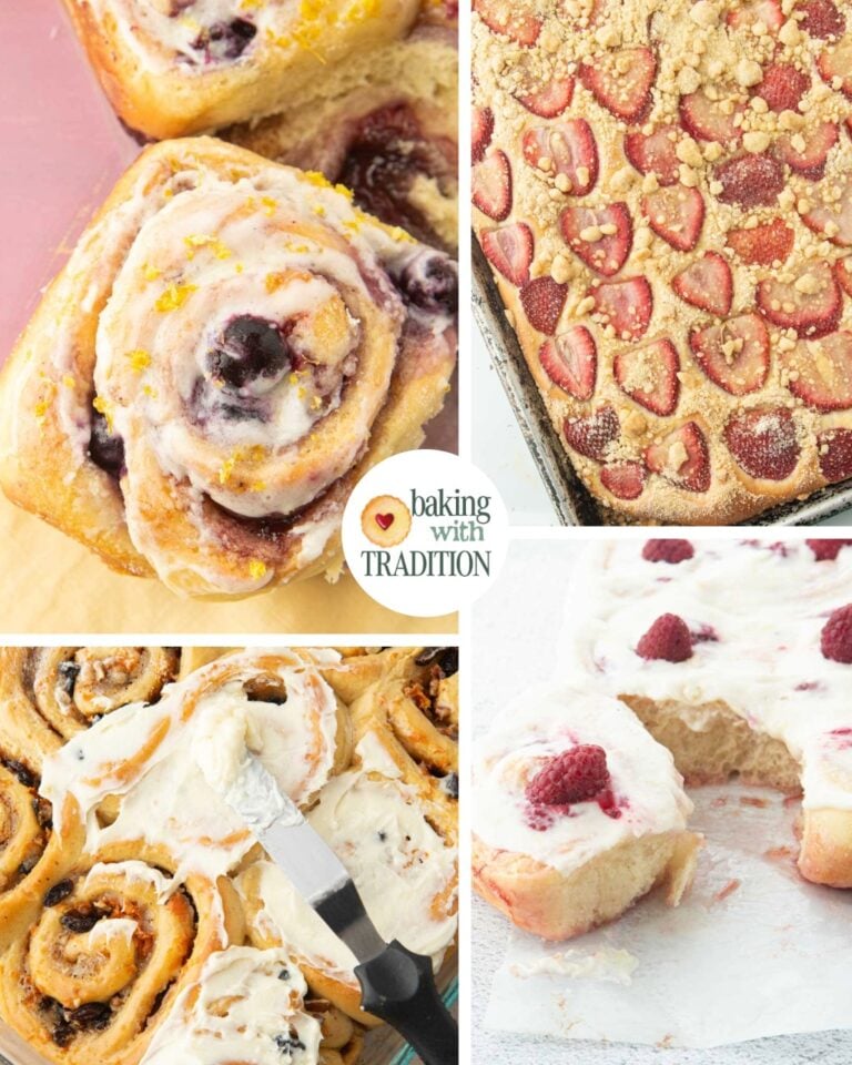 blueberry lemon rolls, strawberry crumb cake, carrot cake rolls, lemon raspberry rolls