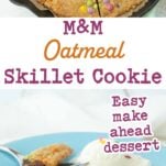 oatmeal skillet cookie and ice cream scoops with slice of cookie on pie server, closeup and wide shot, text overlay