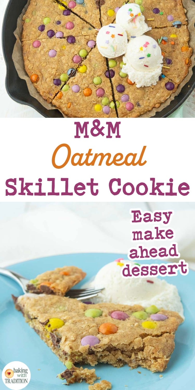 oatmeal skillet cookie and ice cream scoops with slice of cookie on pie server, closeup and wide shot, text overlay