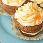 closeup of carrot cupcakes, text overlay