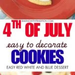 bite out of cookie on plate, red white and blue cookies closeup, text overlay