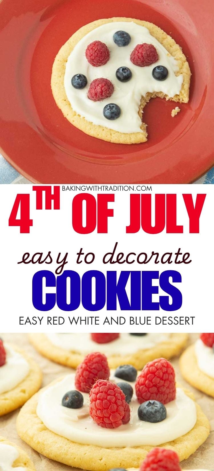 bite out of cookie on plate, red white and blue cookies closeup, text overlay