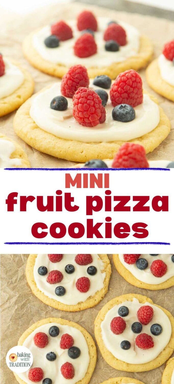 closeup of fruit pizza cookies topped with berries, top view closeup of fruit pizza cookies topped with berries, text overlay