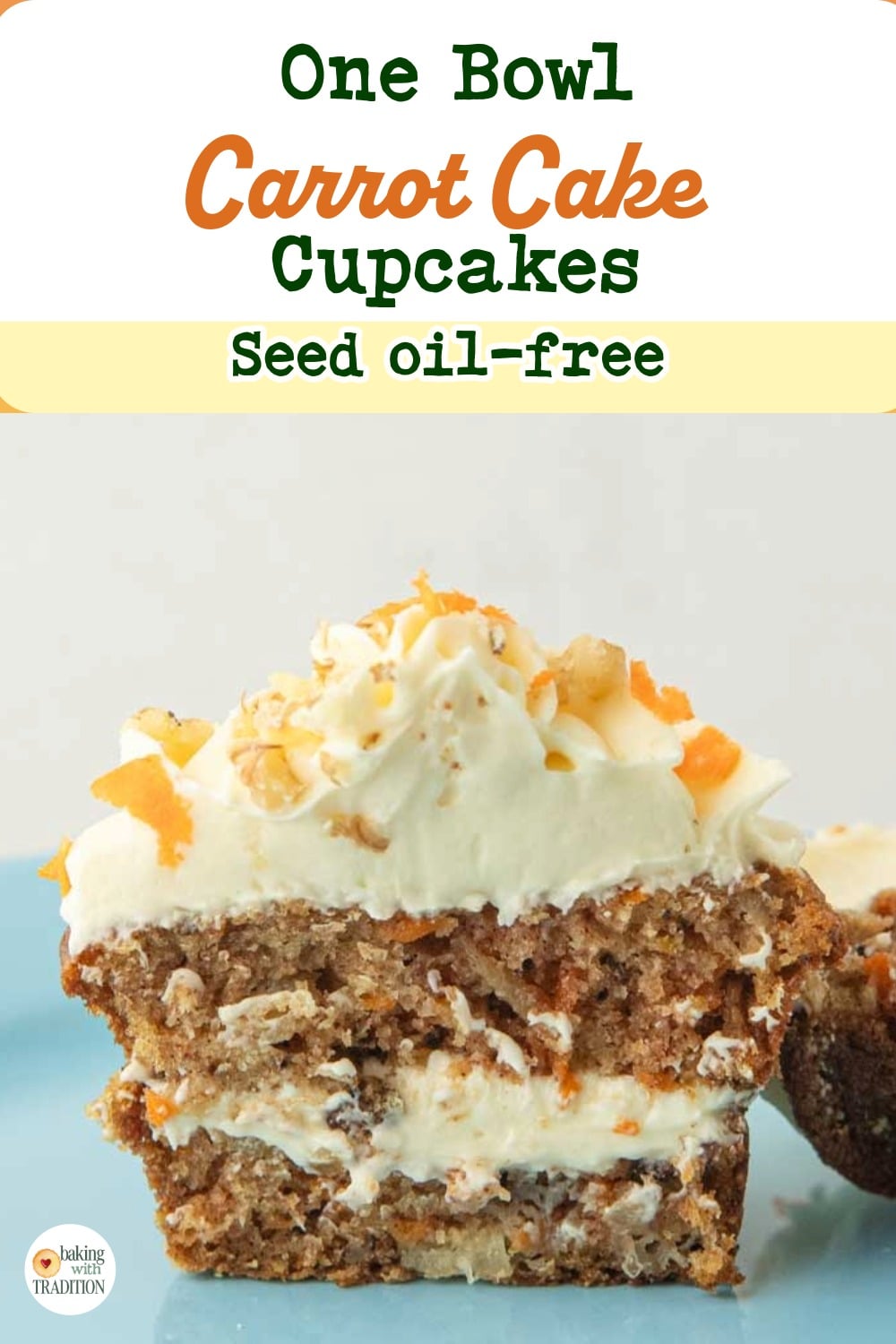 cross-section of carrot cake filled with cream cheese frosting and dome of cream cheese frosting on top, text overlay