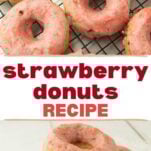 stack of strawberry donuts in plate on pink napkin,