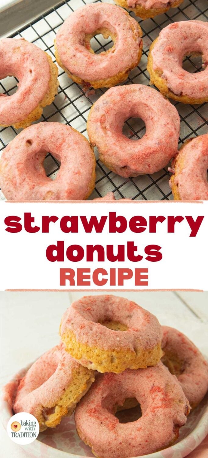 stack of strawberry donuts in plate on pink napkin, strawberry glazed donuts on wire rack, top shot, text overlay