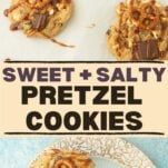 pretzel cookies on plate, drizzling caramel on pretzel cookies on parchment paper, text overlay