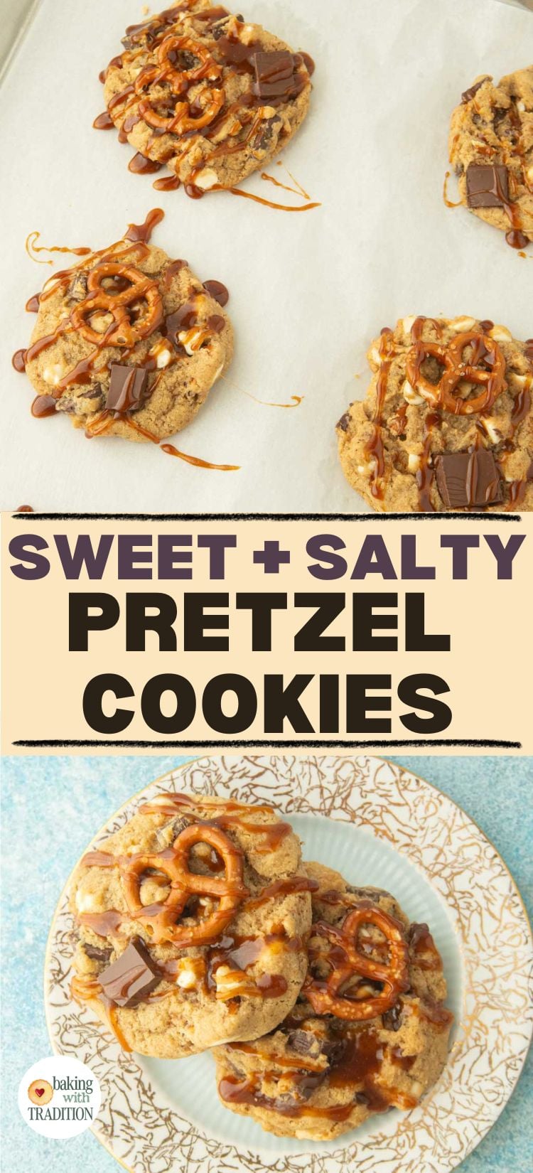pretzel cookies on plate, drizzling caramel on pretzel cookies on parchment paper, text overlay