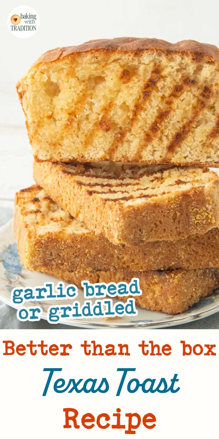 griddled slices of Texas toast in stack, text overlay