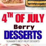 raspberry blueberry almond wreath bread, stack of strawberry crumb cake cookies, raspberry swirl ice cream, flag berry slab pie, text overlay