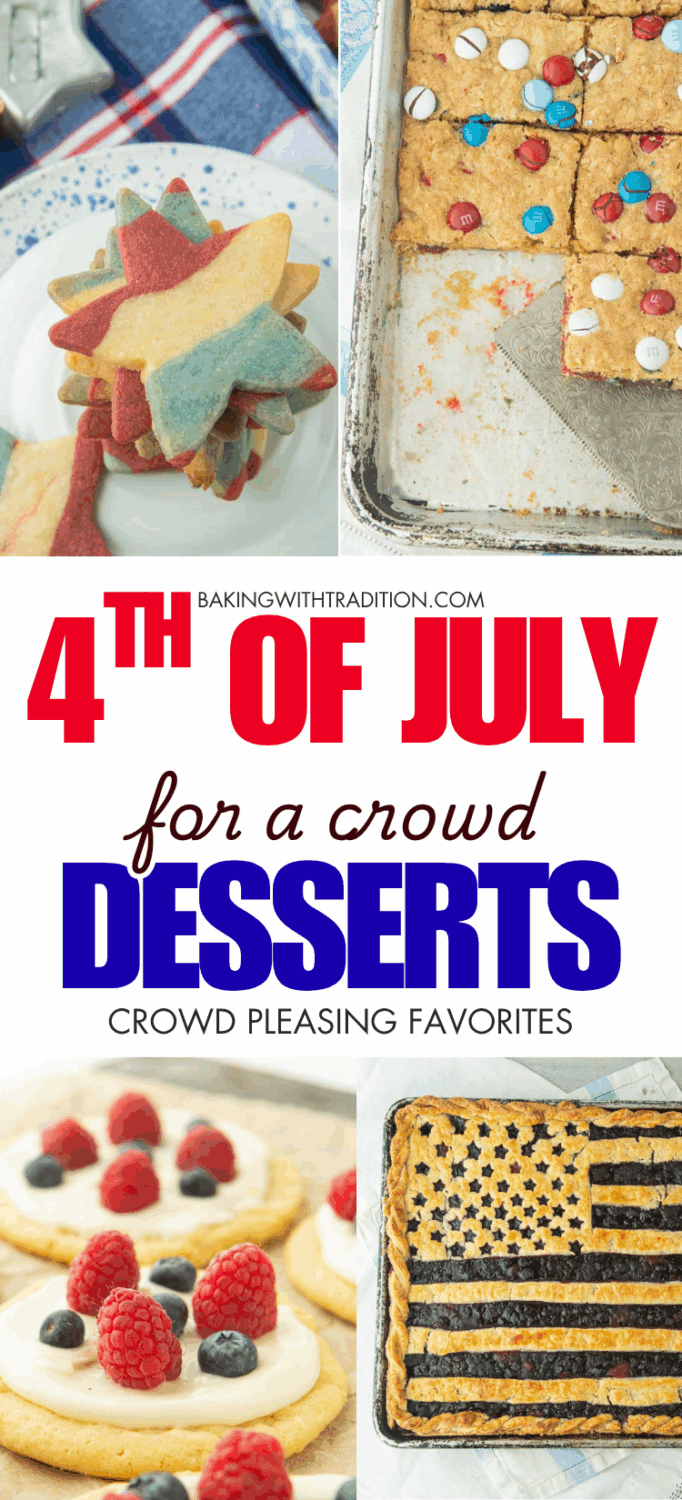 red white and blue star cookies, fruit pizza cookies, m&m red white and blue bars, American flag slab pie, text overlay