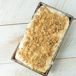 full loaf pan of peach crumble ice cream